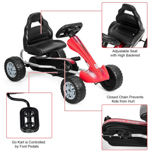Kids Powered 4 Wheel Adjustable Seat  Pedal Go Kart-Red