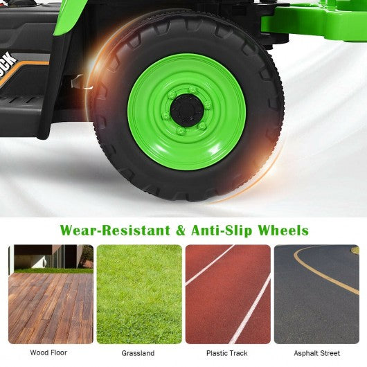 12V Kids Ride On Tractor with Trailer Ground Loader-Green