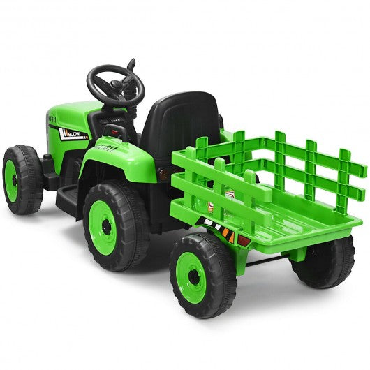 12V Kids Ride On Tractor with Trailer Ground Loader-Green