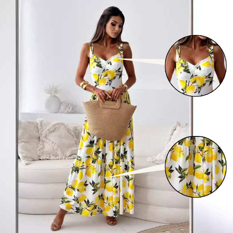 🎉Limited Sale🎉Women's Elegant Lemon Print Spaghetti Strap Flowy Long Dress