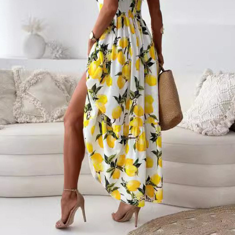 🎉Limited Sale🎉Women's Elegant Lemon Print Spaghetti Strap Flowy Long Dress