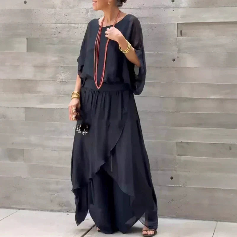 Loose Top & Slit Wide-Leg Pants Chiffon 2-Piece Set