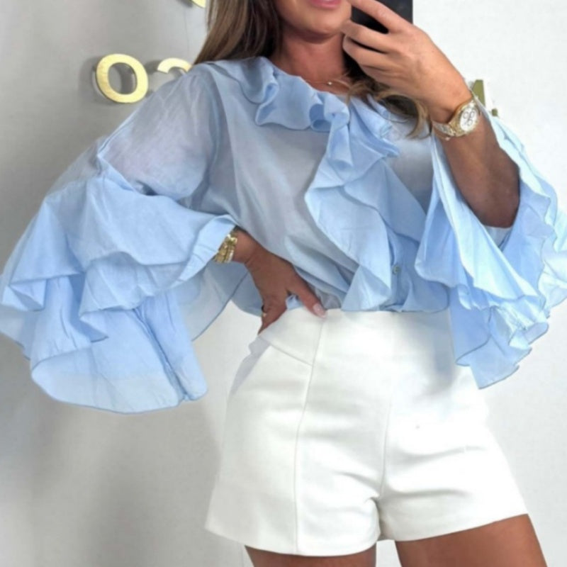 Women's Elegant Button Front Loose Fit Ruffle Blouse