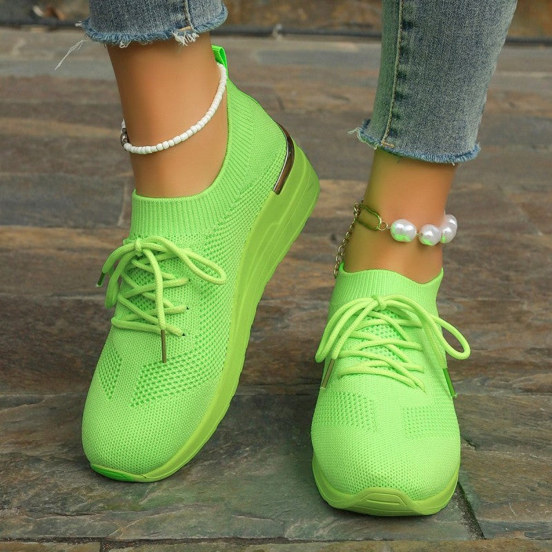 Women's Breathable Stretchy Knit Wedge Heel Shoes with Adjustable Laces