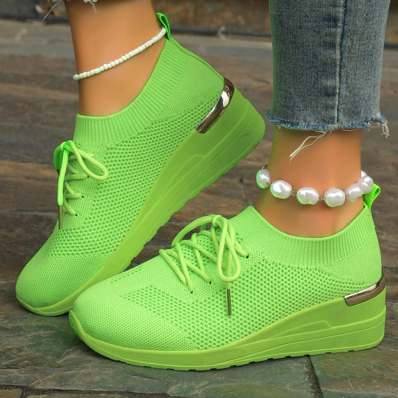 Women's Breathable Stretchy Knit Wedge Heel Shoes with Adjustable Laces