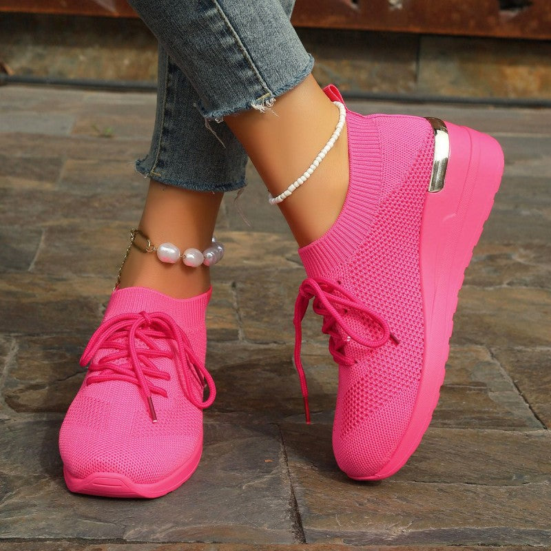 Women's Breathable Stretchy Knit Wedge Heel Shoes with Adjustable Laces