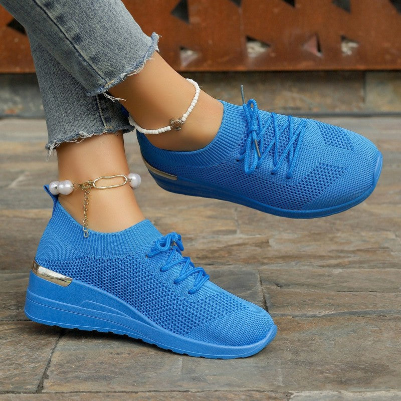 Women's Breathable Stretchy Knit Wedge Heel Shoes with Adjustable Laces