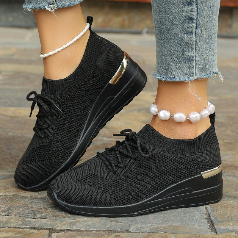 Women's Breathable Stretchy Knit Wedge Heel Shoes with Adjustable Laces