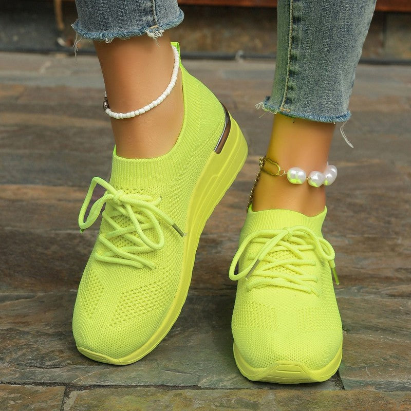 Women's Breathable Stretchy Knit Wedge Heel Shoes with Adjustable Laces