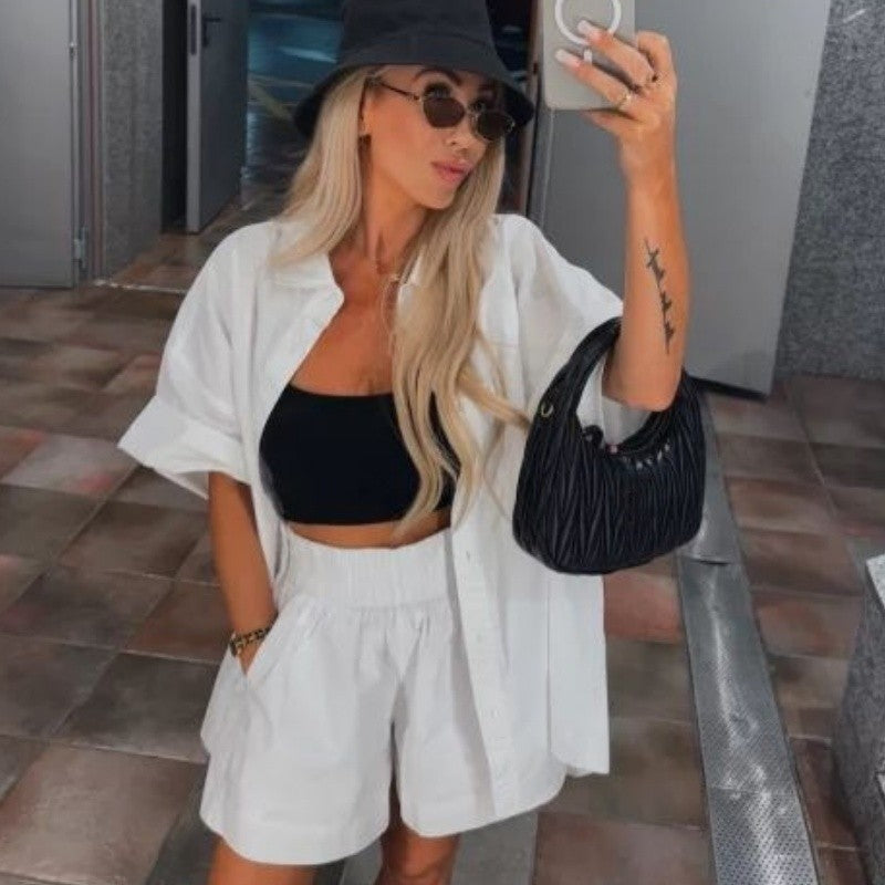 Vibrant Solid Color Short Sleeve Shirt & High Waisted Shorts 2-Piece Set